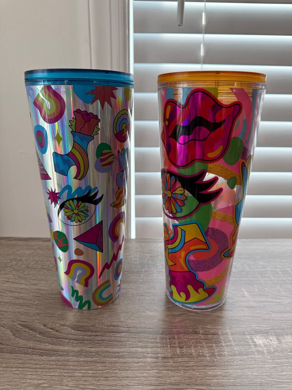 Starbucks Venti 24oz Cold Cup Tumbler Set of 2 Colorful Retro Print Blue Orange